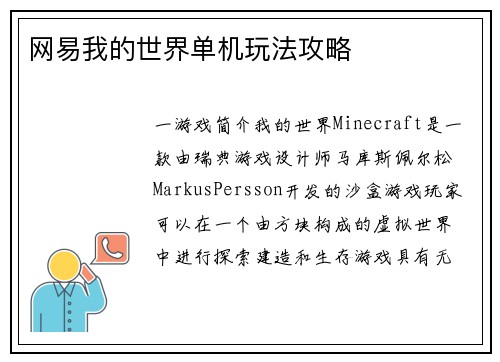 网易我的世界单机玩法攻略